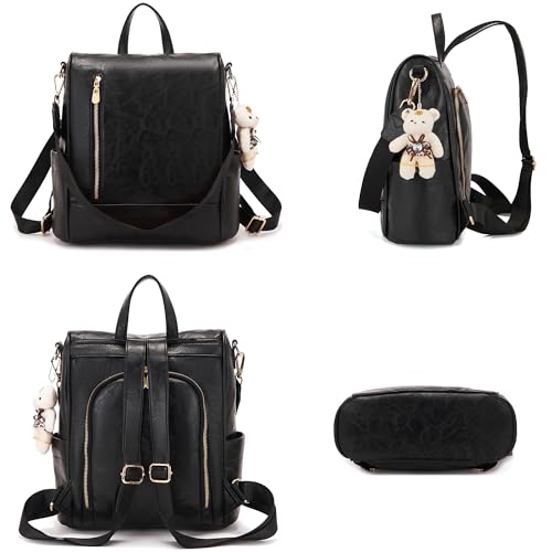 Soperwillton Women Fashion Backpack Purse Anti-Theft Leather Shoulder Bag Travel Multi Pockets Handbag Wallet Set 3pcs - color: Black
