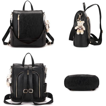 Soperwillton Women Fashion Backpack Purse Anti-Theft Leather Shoulder Bag Travel Multi Pockets Handbag Wallet Set 3pcs - color: Black