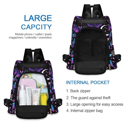 MNSRUU Women Backpack Purse Neon Purple and Bats Stars and Moons Backpack for Women Anti-theft Shoulder Bag Carry On Backpack Lightweight Rucksack Fashion Travel Ladies Bags - color: Bats A8889