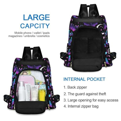 MNSRUU Women Backpack Purse Neon Purple and Bats Stars and Moons Backpack for Women Anti-theft Shoulder Bag Carry On Backpack Lightweight Rucksack Fashion Travel Ladies Bags - color: Bats A8889