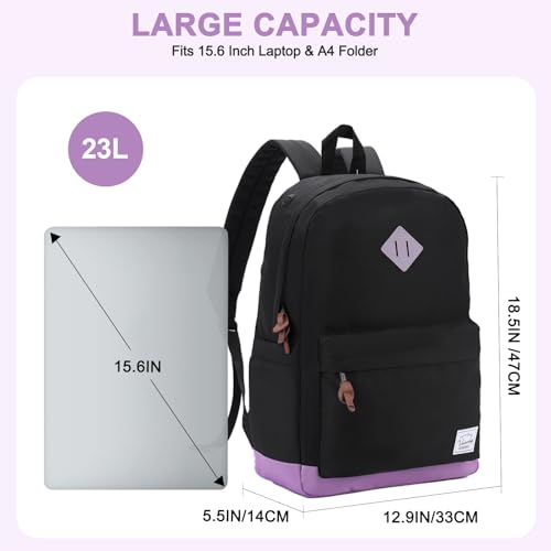 Backpack for Men Women,VASCHY Classic Water-resistant Lightweight Travel School Backpack Casual Daypack - color: Black Purple