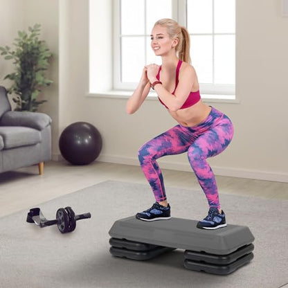 F2C 28.5" Aerobics Platform for Total Body Fitness 4" - 6" - 8" Height Adjustable with 4 Risers Home Workout Exercise Stepper Black/Gray