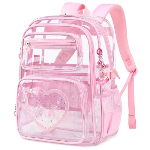 Clear Backpack for School Girls, Cute Heavy Duty PVC Transparent Bookbag, See-Through Bag for Stadium Event Pink - color: Pink