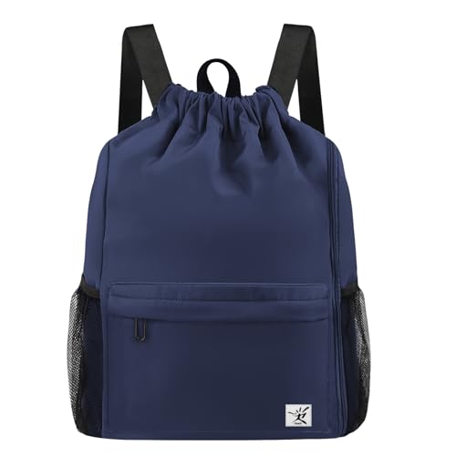Drawstring Backpack with Mesh Pockets String Gym Bag Sackpack Sandproof Water Resistant Beach Backpack for Men Women - color: Midnight Blue