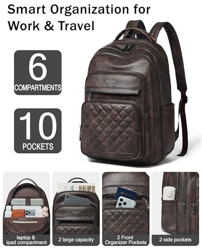 Bluome Work Backpack for Women Men, Laptop Vegan Leather Backpack Purse with 15.6–17 Inch Laptop, Multi-Pocket Bookbag for Office Travel Gym Weekend Overnight Bag, Coffee - color: Coffee