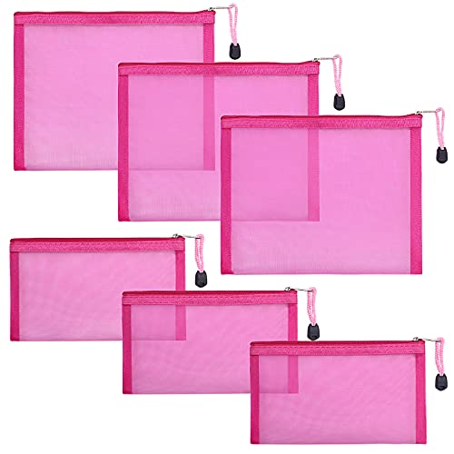 6 Pack Mesh Cosmetic Bags, Nylon Makeup Pouches with Zipper for Home Office Purse Diaper Bag (Rose) - color: Rose(2size)