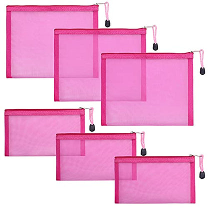 6 Pack Mesh Cosmetic Bags, Nylon Makeup Pouches with Zipper for Home Office Purse Diaper Bag (Rose) - color: Rose(2size)