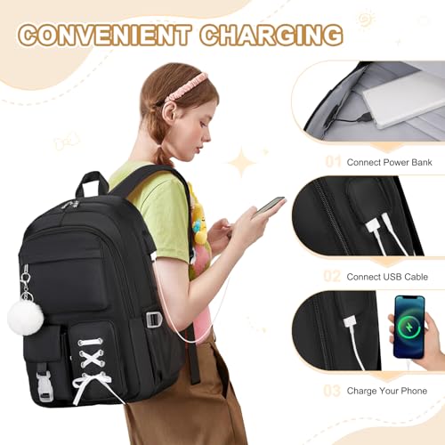 Scothen Backpacks for Girls, Girls Backpack with Lunch Box & Pencil Pouch for Teens Girl Kids Elementary Middle High School College Student Bookbag Daypack Laptop Travel Backpack for Women - color: Black