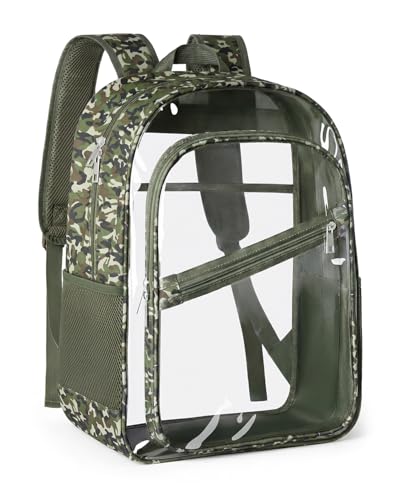 KIMNERPU Clear Backpack, Fabric & PVC Transparent Bookbag with Padded Straps for Women Men, Large Capacity 4-Layers See Through Heavy Duty Back Pack for Work Travel Concert Festival L (Camouflage) - color: Camouflage, size: Large(17.5"H)