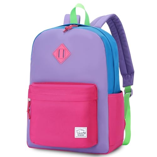 VASCHY Lightweight Backpack for School, Water Resistant Classic Bookbag with Side Pockets for Girls Kids,Teens Violet Rose Pink - color: Violet & Rose Pink