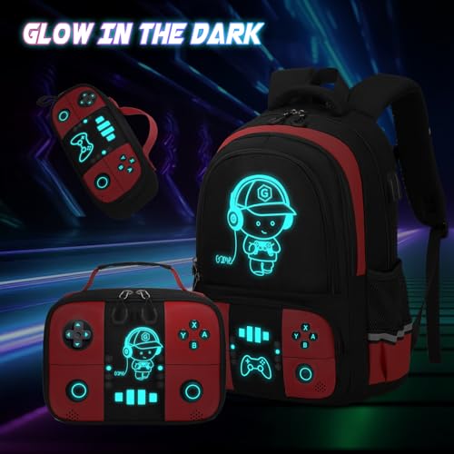 Bevalsa Backpack for School Boys, Cool Luminous Gamer Boys Schoolbag with Lunch Box & Pencil Case Set for Kids Teens Elementary Middle School, Bookbag Glow In The Dark(Red Backpack) - color: Red, style: Backpack