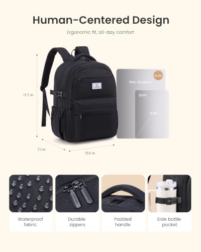 LOVEVOOK Laptop Backpack for Women Teens, 15.6" Computer Bag with 40oz Tumbler Buckle, College School Backpack,14 Pockets - color: Solid Black, size: 15.6inch