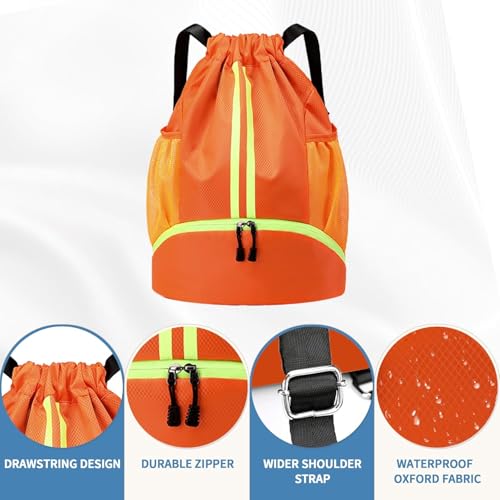 Drawstring Backpack Gym Bag with Shoe Compartment - Ideal for Basketball, Swimming, Beach Activities, Unisex - color: Orange