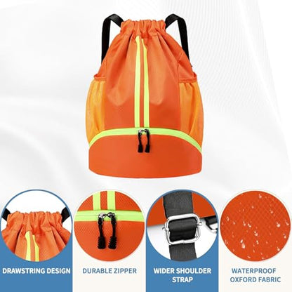 Drawstring Backpack Gym Bag with Shoe Compartment - Ideal for Basketball, Swimming, Beach Activities, Unisex - color: Orange