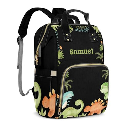 Personalized Diaper Bag with Name, Custom Cute Green Dinosaur Theme Bag, Black Monogram Nappy Backpack with Thermal Pockets for Adults, Large Capacity Waterproof Diaper Bag - color: Cute Dinosaur