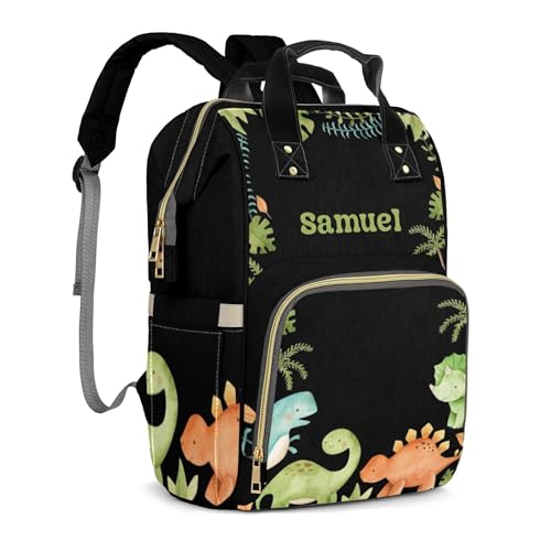 Personalized Diaper Bag with Name, Custom Cute Green Dinosaur Theme Bag, Black Monogram Nappy Backpack with Thermal Pockets for Adults, Large Capacity Waterproof Diaper Bag - color: Cute Dinosaur