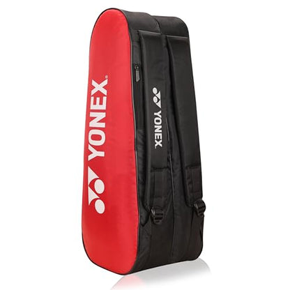 Yonex Stylish Badminton Kit-Bag |Double Zipper Compartment for Storage of 6 Rackets and Clothes|Side Pocket |Back Straps |Accessories Compartment |Made in India - color: RED BLACK