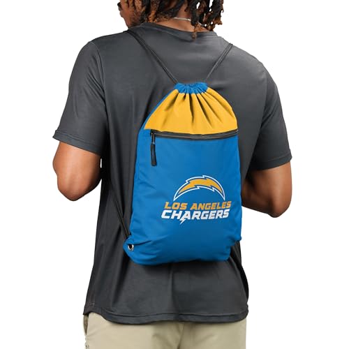 FOCO NFL Officially Licensed Unisex Team Color Football Primary Logo Wordmark Drawstring Backpack With Zippered Pocket - Los Angeles Chargers - color: Los Angeles Chargers