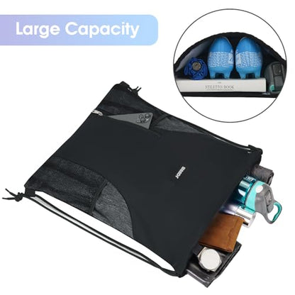 WANDF Drawstring Backpack Sports Gym Sackpack with Mesh Pockets Water Resistant String Bag for Women Men(Black) - color: Black