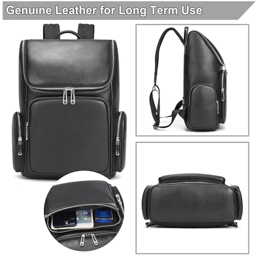 Genuine Leather Black Backpack - 15.6 Inch Business Laptop Backpack for Men & Women, Multi-Compartment Ergonomic Shoulder Bag for Office, Travel - color: Y60&71 Black