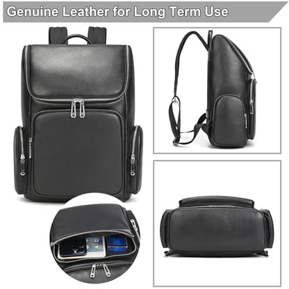 Genuine Leather Black Backpack - 15.6 Inch Business Laptop Backpack for Men & Women, Multi-Compartment Ergonomic Shoulder Bag for Office, Travel - color: Y60&71 Black