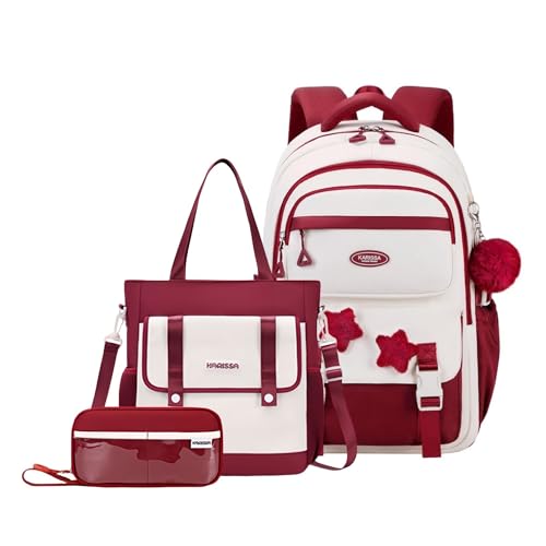 Girls Backpack for Kids Elementary Middle School, 3Pcs Backpack and Tote Bag Set for Teen Girls School Bag, with Star Pins and Furry Pendant, A08-3Pcs Wine-red - color: A08-3pcs Wine-red