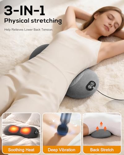 3 in 1 Lower Back Massager, Triple Fusion Back Massager with Heat, Vibration and Stretch, Lumbar Support Pillow with Ergonomic Memory Foam for Bed and Chair (Black) - color: Black