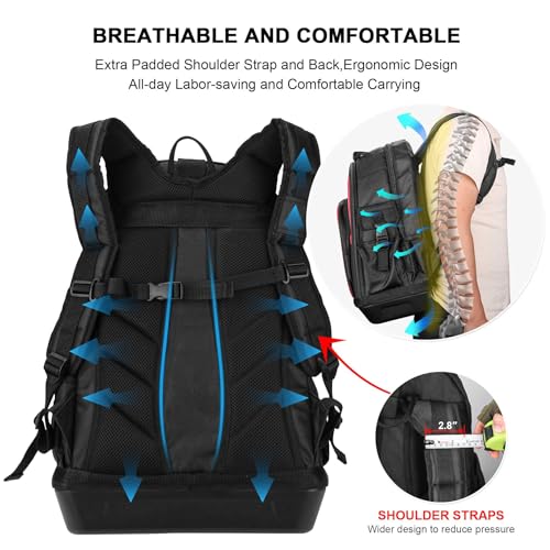 HAUTMEC Heavy-Duty Tool Backpack with Molded Waterproof Base, 1680D Tool Bag with Laptop Compartment, 22 Pockets, Padded Straps & Breathable Back Panel – HT0285