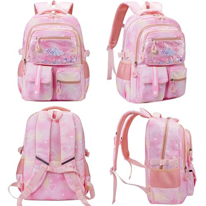MCWTH Backpack for Teen Girls, Kawaii Cute Kids Elementary Student School Backpacks (Happy Pink) - color: Happy Pink