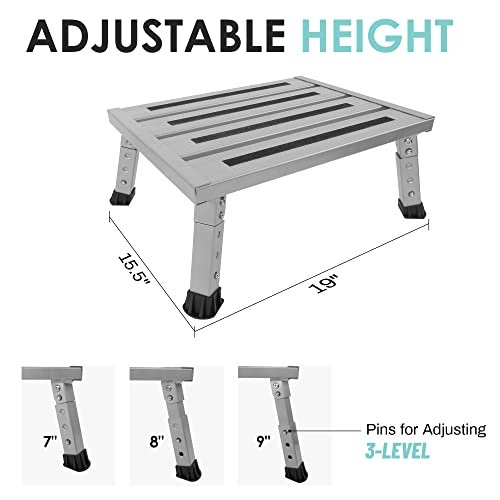 Adjustable Height Aluminum RV Step, Stable Foldable Platform Step Stool, Supports Up to 1,000 lb, Non-Slip Rubber Feet and Platform Mat, Easy to Carry (Silver) - color: Silver