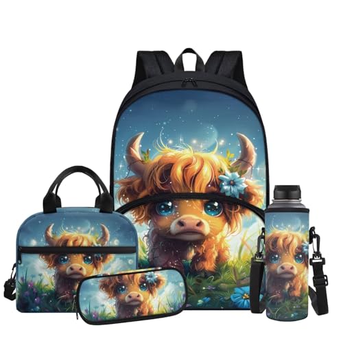 Cute Highland Cow Backpack for Girls Kids Backpack with Lunch Box Water Bottle Holder and Soft Pencil Case 4Pcs Set 17" Bookbag with Large Front Pocket for School Sturdy Elementary School Bag - color: Cute Highland Cow-2