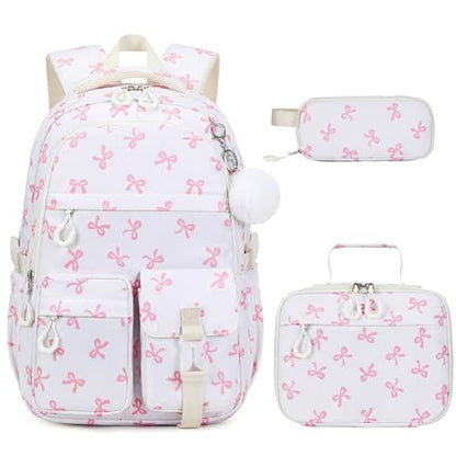 DIGOBAY 3PCS Girls Backpack for School, Kids Backpack for Girls with Lunch Bag Pencil Case, Kids Bookbag Teen Girl Backpacks for Elementary Middle High College School (Beige Bow) - color: Beige Bow