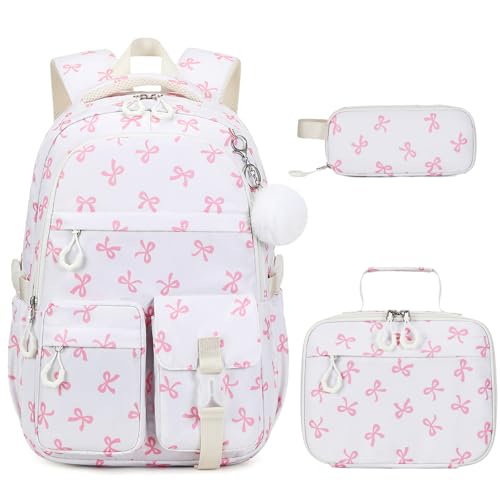 DIGOBAY 3PCS Girls Backpack for School, Kids Backpack for Girls with Lunch Bag Pencil Case, Kids Bookbag Teen Girl Backpacks for Elementary Middle High College School (Beige Bow) - color: Beige Bow