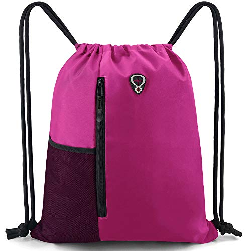 BeeGreen Pink Cinch Sack Drawstring Backpack For Women With Water Bottle Pocket &Two Zippered Pocket Large Sports Gym Sackpack For Traveling Yoga Beach Outdoor - color: Dark Pink, style: Drawstring With Mesh Pocket