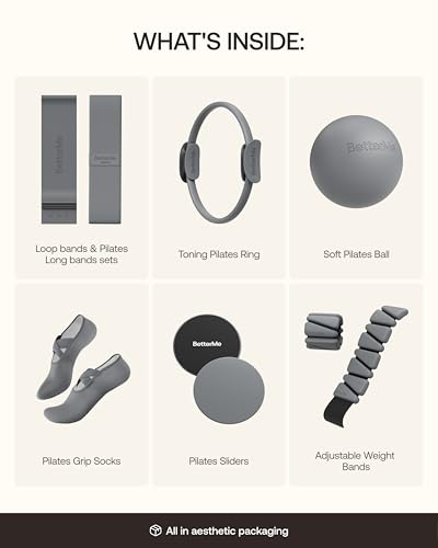 BetterMe Pilates Studio Kit – Pilates Ring, Pilates Ball, Resistance Bands & Sliders – Complete Pilates Equipment Set for Women – Home & Studio Pilates Workout Kit - color: Stone Gray