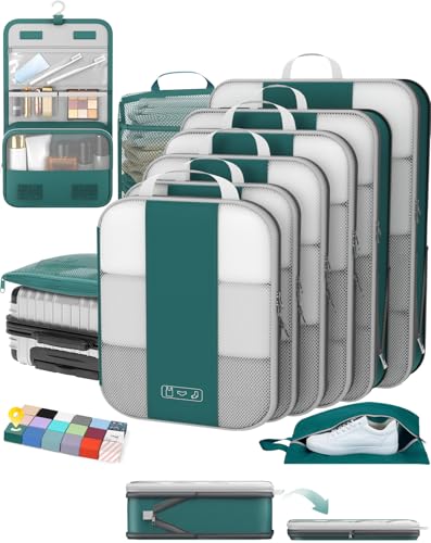 OlarHike 10-Pack Compression Packing Cubes for Travel Essentials,Compressible Expandable Packing Cubes for Suitcase,Luggage Garment Bags for Travel,Handy Helper for Organizing Clothes(Dark Blue Green) - color: Dark Blue Green