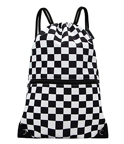 HOLYLUCK Drawstring Backpack Bag Sport Gym Sackpack - color: Black and White Grid