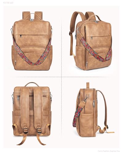 SYTRAH Leather Laptop Backpack, 15.6 Inch Business Computer Bag, Designer College Backpack Travel Backpack with Colorful Shoulder Bag Strap Camel - color: Camel