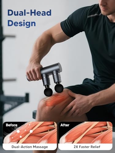 arboleaf Massage Gun Deep Tissue with Double Heads, Full-Metal Electric Portable Handheld Massager for Back, Shoulder, Sore Muscles, Pain Relief, 5 Modes, Seamless Speed Control - color: Darkgray