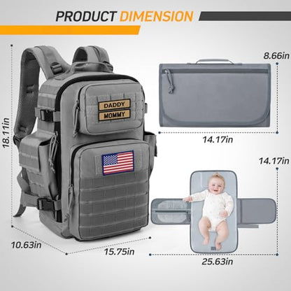 SHARKMOUTH Baby Diaper Bag for Dad - Large Military Daddy Gear Backpack with Changing Pad for Travel Camping Hiking - Newborn Baby Shower Gifts Gray - color: Gray W/ Changing Pad