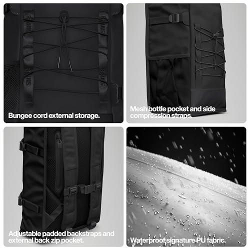 RAINS Trail Mountaineer Bag - Black Waterproof Laptop Backpack for Men and Women - Large Outdoor Hiking Bag with 16” Laptop Pocket, 26L Capacity, 2 Year Warranty