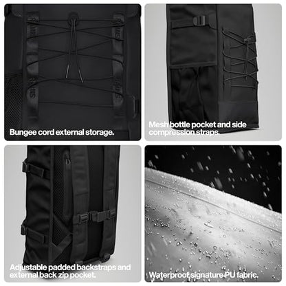 RAINS Trail Mountaineer Bag - Black Waterproof Laptop Backpack for Men and Women - Large Outdoor Hiking Bag with 16” Laptop Pocket, 26L Capacity, 2 Year Warranty