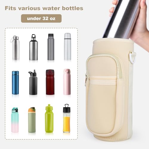 Water Bottle Holder with Strap, Water Bottle Carrier Bag with Phone Pocket, Shoulder Hand Strap Insulated Neoprene 32/40 oz Water Bottle Sleeve for Walking Hiking Camping Gym - color: 2 BEIGE, size: under 32oz