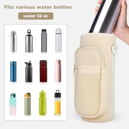 Water Bottle Holder with Strap, Water Bottle Carrier Bag with Phone Pocket, Shoulder Hand Strap Insulated Neoprene 32/40 oz Water Bottle Sleeve for Walking Hiking Camping Gym - color: 2 BEIGE, size: under 32oz