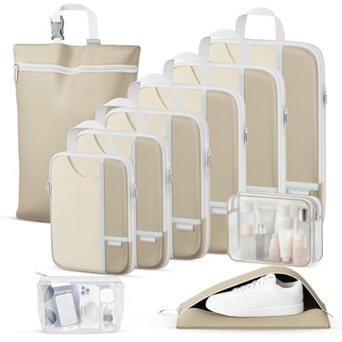 Percover Compression Packing Cubes for Travel, 10-Piece Structured Compression Organizer Set with Toiletry Bag, Laundry Bag & Shoe Bag for Carry-On & Checked Luggage, Camel - color: Camel, size: 10 Set