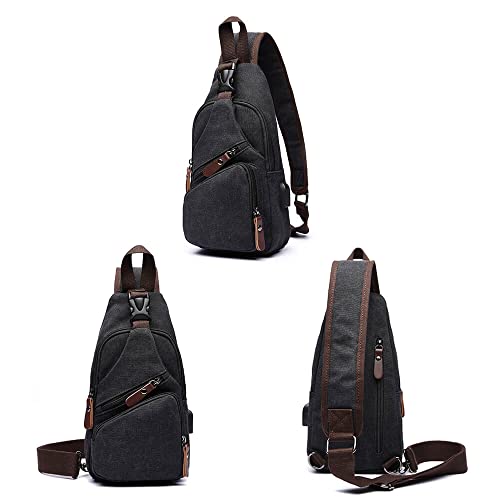 Canvas Sling Bag Crossbody Backpack Shoulder Casual Rucksack for Men Women Outdoor Cycling Hiking Travel Fishing Black - color: Black