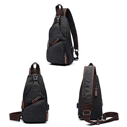 Canvas Sling Bag Crossbody Backpack Shoulder Casual Rucksack for Men Women Outdoor Cycling Hiking Travel Fishing Black - color: Black