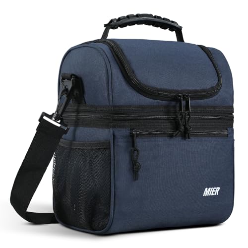 MIER Insulated Lunch Box Bags for Men Women, Dual Compartment, Navy Blue | Leakproof Lunchbox Cooler, Work, Travel, Park Trip, Side Mesh Pockets, Adjustable Shoulder Strap, Zipper Pockets, Durable - color: Navy, size: Medium