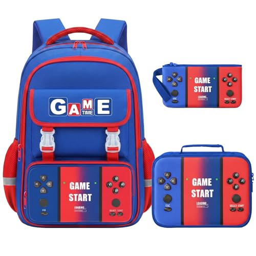 School Backpacks for Boys - 3PCS Gamer Boys Backpack with Lunch Box Set for Kids Teens, Multifunctional Bookbag for Elementary Middle School Students, 17″ Video Game Travel Bag Ages 6-18 - color: Red-blue-backpack Set