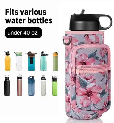 Water Bottle Holder with Strap, Insulated Crossbody Sling Bag, Carrier with Phone Pocket for Walking Hiking Camping Fishing - color: Flower Pink, size: 40oz